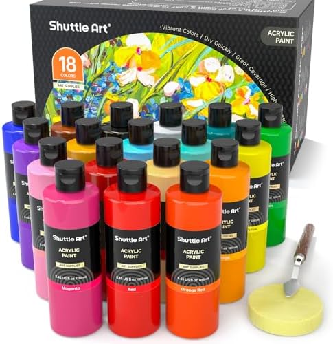 Shuttle Art 18 Colors Acrylic Paint Bottle Set (250ml/8.45oz), Rich Pigmented Bulk Painting Supplies for Artists, Beginners and Kids on Rocks Crafts Canvas Wood Ceramic