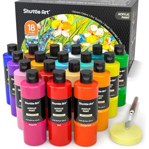 Shuttle Art 18 Colors Acrylic Paint Bottle Set (250ml/8.45oz), Rich Pigmented Bulk Painting Supplies for Artists, Beginners and Kids on Rocks Crafts Canvas Wood Ceramic