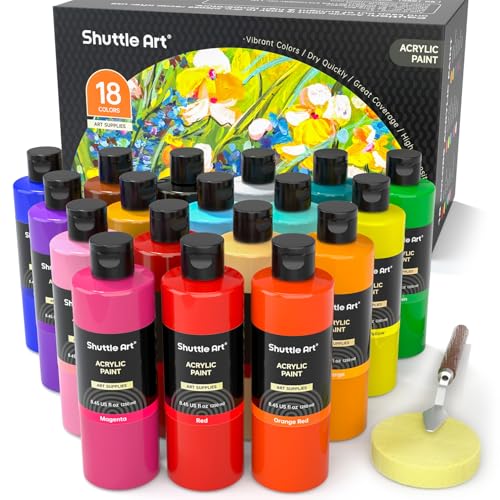 Shuttle Art 18 Colors Acrylic Paint Bottle Set (250ml/8.45oz), Rich Pigmented Bulk Painting Supplies for Artists, Beginners and Kids on Rocks Crafts Canvas Wood Ceramic 18 Colors 8.12 Fl Oz
