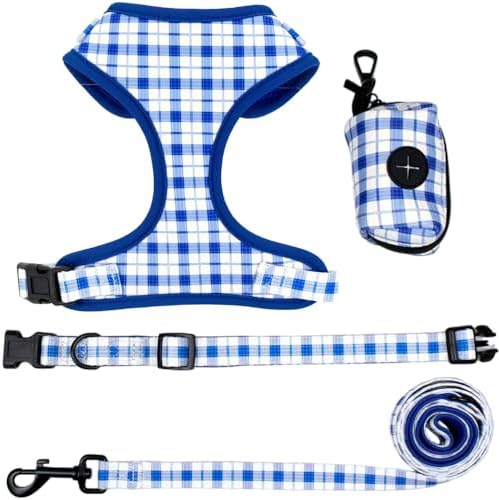 Adjustable Dog Harness Collar Leash and Poop Bag Dispenser Set Stylish Comfy Pet Harness for Small Medium Dogs Puppy and Cats Outdoor Walking Running, Soft Mesh Padded and Soft Handler S