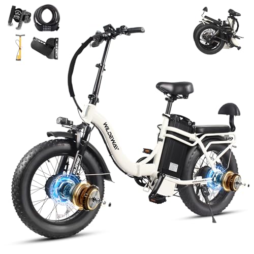 Wildeway 2000W Dual Motor Electric Bike SummitX 32Ah/60Ah Battery E-Bike 160+ Miles Long Range 28MPH Foldable 20x4.0 Fat Tire Ebike for Adult Hydraulic Brake Delivery Commuting Bicycle 2 Seat UL 2849