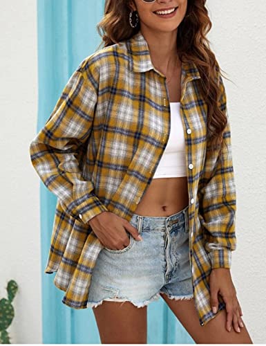 Image of HangNiFang Womens Flannel Plaid Shirts Oversized Button Shirts Blouse Tops