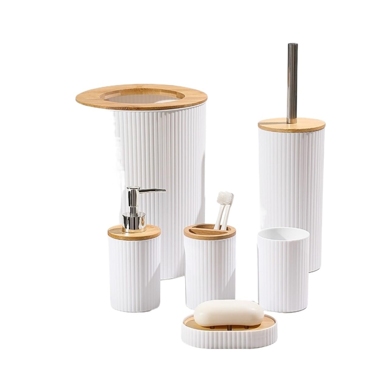 Juego de accesorios baño blanco de 6 piezas con papelera lavable y vaso cepillos 1