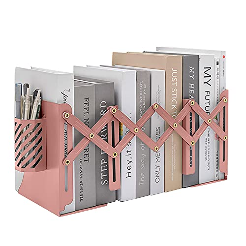 MSDADA Adjustable Bookends, Book Ends for Heavy Books, Expandable Book Organizer with Pen Holder for Desk, Shelf, Office, for 6 7 8 9-15 Boys and Girls, Extends up to 19 inches (Pink)