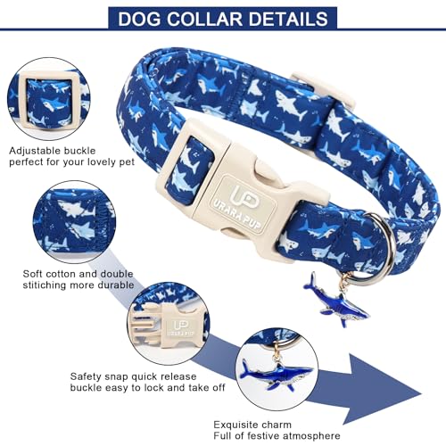 Image of Summer Dog Collar,Adjustable Cotton Shark Dog Collar with Shark Print, Cute Shark Charm Pendant and Quick Release Buckle, Soft Pet Collar for Small Medium Dogs Boys