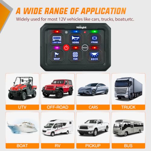 Image of Nilight 6 Gang Switch Panel Green 12V 60A Circuit Control System 4-Mode | Fuse Wiring Harness Automatic Dimmable LED Pod Toggle /Momentary /Strobe /Flash Modes for Car Pickup Truck Camper SUV