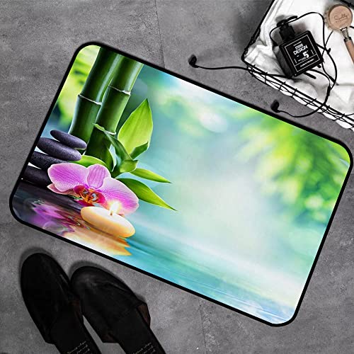 Tapis de Bain Antiderapant,Tapis Salle de Bain en Mousse à Mémoire Douce,Green Zen Spa Still Life Candle and Stone with Bamboo in Nature on Water Orchid,Tapis de Bain...