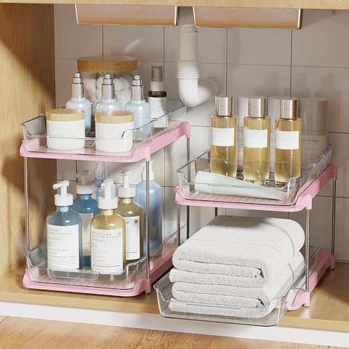 Delamu 2 Sets of 2-Tier Multi-Purpose Bathroom Under Sink Organizers and Storage, Stackable Kitchen Pantry Organization, Pull Out Medicine Cabinet Organizer with 8 Movable Dividers, Pink