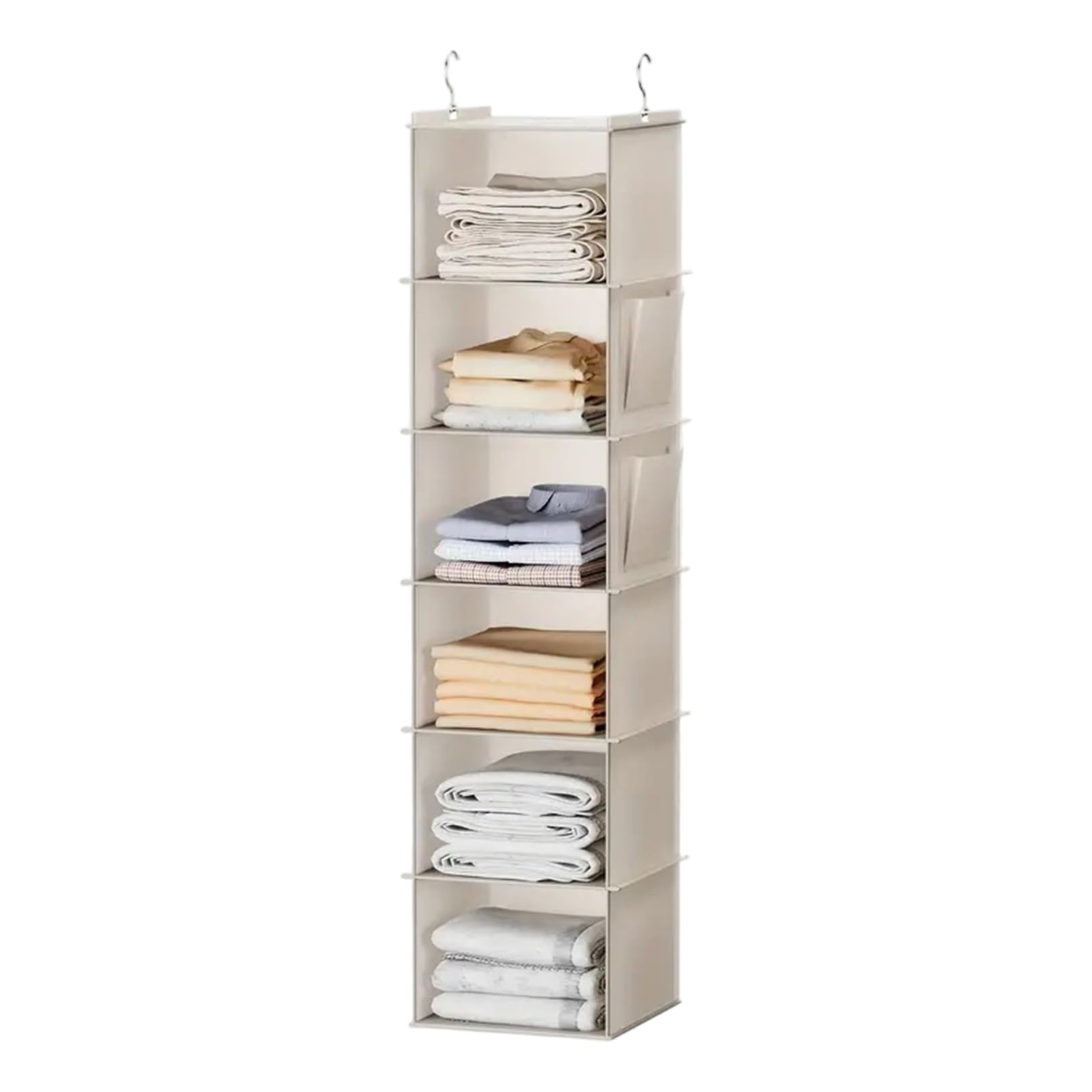 Tsawntd Hanging Sweater Organizer for Closet, 6-Shelf Hanging Closet Organizer with Side Pockets, Foldable Clothes Storage with Hooks 11.6x11.8x47.2 inch Beige