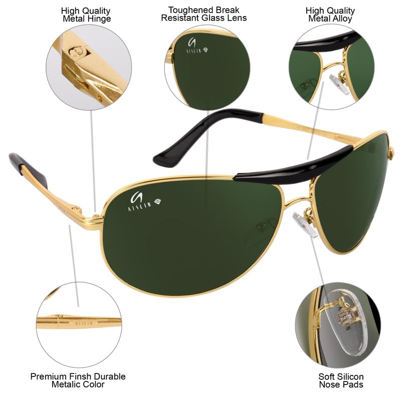 Image of AISLIN Toughened Glass Aviator /Wrap-Around UV Protected Sunglasses for Men [G-15 (Dark Green) Lenses | Large | AS 3455]