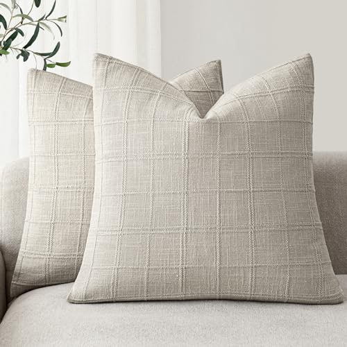 Image of Foindtower Set of 2 Decorative Linen Check Throw Pillow Covers Neutral Farmhouse Vintage Cushion Covers Modern Coastal Boho Home Decor for Sofa Chair Couch Bedroom Living Room,20x20 Inch,Light Grey