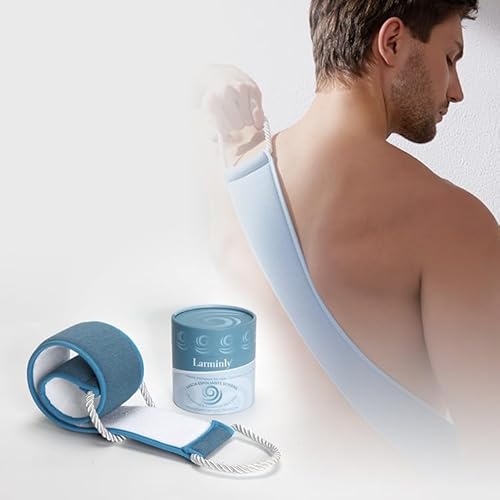 Larminly Fascia Esfoliante Schiena con Manici Doppia Faccia Viscosa e Spugna di Cotone. Pulizia Profonda e Peeling Naturale per Spalle, Dorso, Corpo. Fascia Doccia Scrub. Unisex. Confezione elegante.