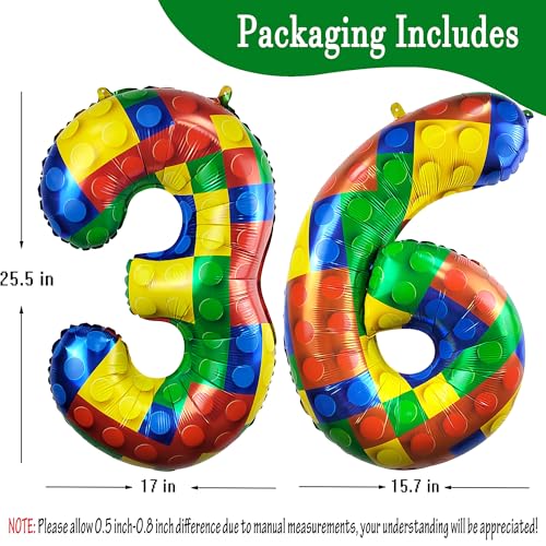 Image of 32 Inch Building Block Number 36 Balloons birthday Block Themed Large Big Helium Foil Mylar Balloon for Girls Boys Birthday Party Decoration Supplies
