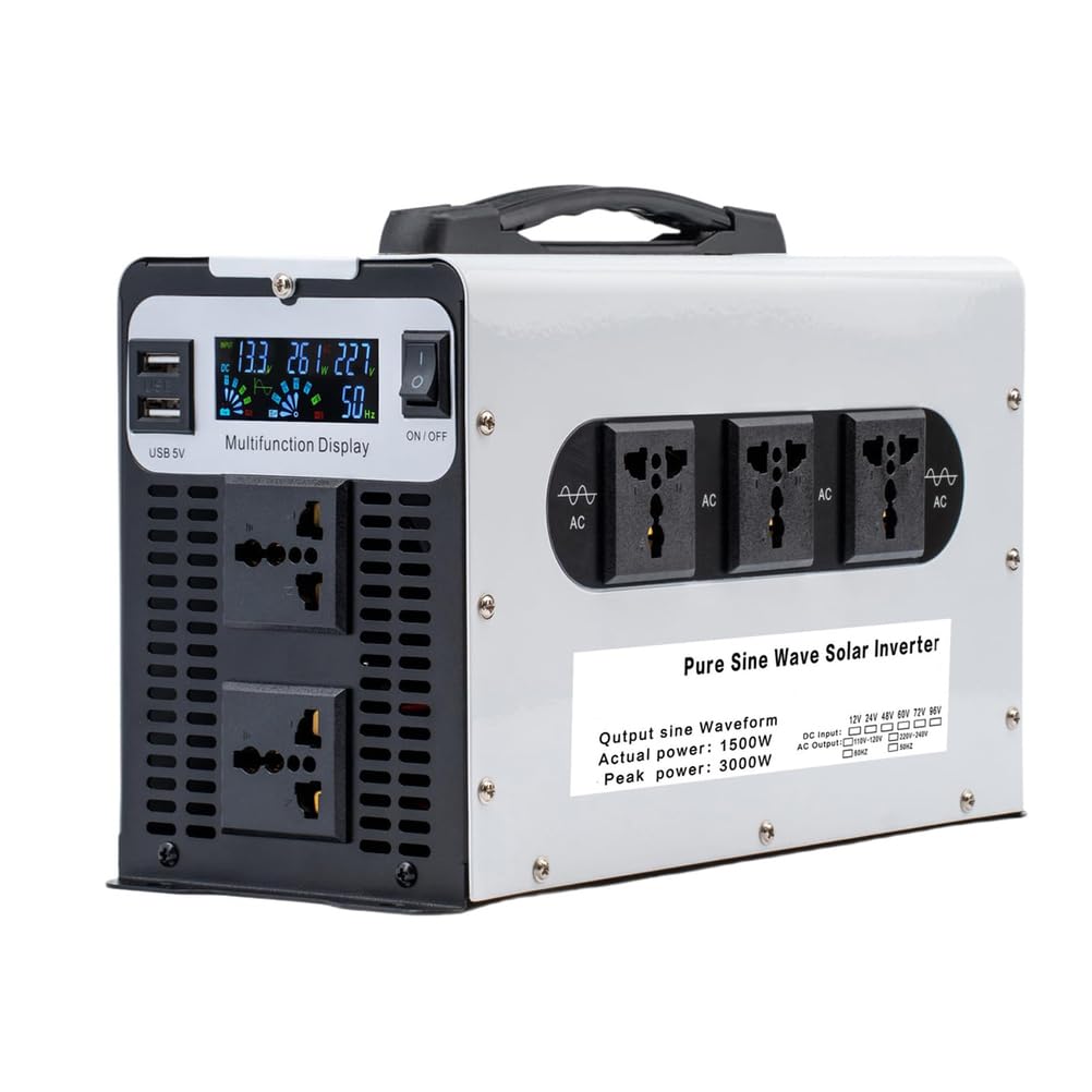 1500 Watt Pure Sine Wave Inverter 12V/24V/48V/60V/72V DC A 110V 220V AC Convertitore Picco 3000W con 5 Uscite AC per RV, Camion, Solare, off-Grid, Inverter di Potenza