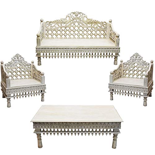 4er SET Orientalische Lounge Sitzecke aus Holz Imad weiß | Marokkanische Sitz-Gruppe Sofa 2 Sitzer Zwei Sessel und ein…