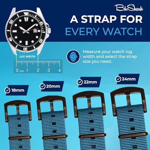 Image of BluShark - Original Collection Military-Style Waterproof Watch Strap, Fits All Timepiece Brands, Durable Nylon Wristwatch Accessories with Stainless Steel Buckle - 18mm, 20mm, 22mm & 24mm Watch Bands