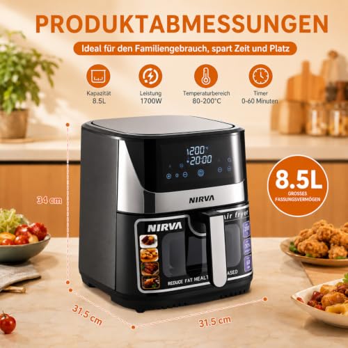 Nirva Heißluftfritteuse 8,5 L, ölfrei, 1700W große Airfryer, Rösten, Backen, Air Fry, Antihaftbeschichtet, Spülmaschinenfester Korb, Sichtfenster, Schwarz/Edelstahl, Für Einzelpersonen oder Familien – Bild 5