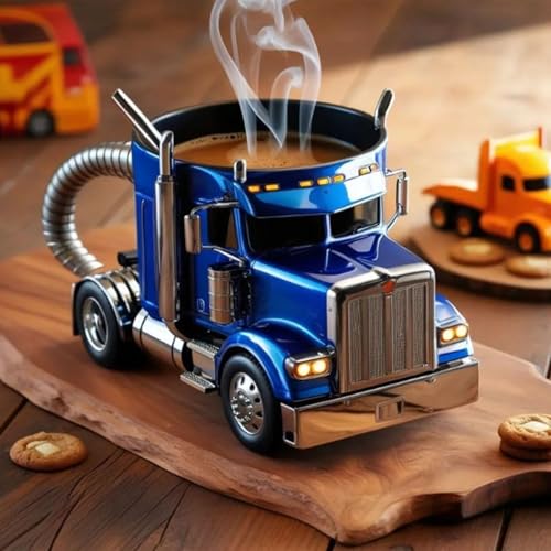Handcrafted Truck Coffee Mug,11 Ounces Semi-trailer Shaped Coffee Cup,Unique Gift For Lovers,Truck Driver Gifts For Drivers Men (Blue)