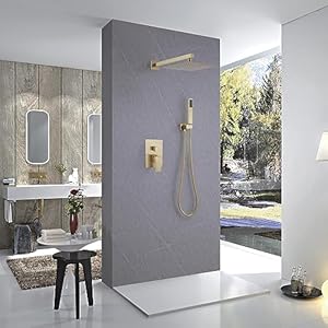 Homevacious Brushed Gold Shower System 10 Inch Rainfall Shower Head with Handheld Sprayer Wall Mounted Bathroom Luxury Rain Mixer Shower Complete Combo Set Rough-in Valve Body Trim Included Homevacious Brushed Gold Shower System 10 Inch Rainfall Shower Head with Handheld Sprayer Wall Mounted Bathroom Luxury Rain Mixer Shower Complete Combo Set Rough in Valve Body Trim Included