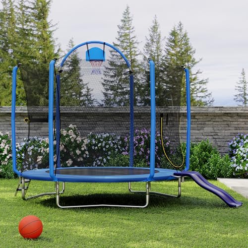 Fulasofia 10FT Hexagonal Trampoline for Kids with Slide Basketball Hoop & Ball Safety Enclosure Net Jumping Mat Safety Pad Ladder Outdoor Garden Backyard Rebounder for Toddlers and Children