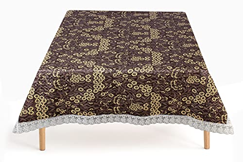 Image of The Furnishing Tree Square Shaped WxL 54x54 Inch 4 Seater Table Cover Floral Pattern Brown Mustard, Waterproof PVC