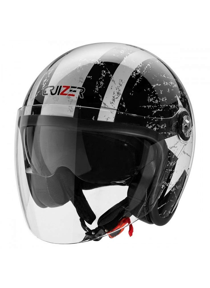 CRUIZER - Casque homologué noir brillant pour scooter moto demi-jet avec motif étoile, double visière, intérieur antibactérien et hypoallergénique (XL)