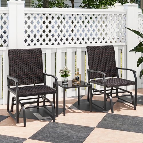 GYMAX Salon de Jardin Extérieur 2 Personnes en Rotin, 2 Chaise de Relaxation à Bascule, Table Basse en Verre Trempé, Cadre Robuste en Métal, Mobilier de Jardin pour Porche, Patio, Terrasse, Balcon – Image 3