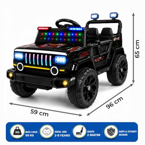 Image of Lifelong Jeepster EV Car for Kids | Big Electric Car with Music & LED Lights | Dual Motor, 12V Rechargeable Battery | Parental Control, Foot Accelerator Electric Ride On Car for Kids 2-8 Yrs (Black)