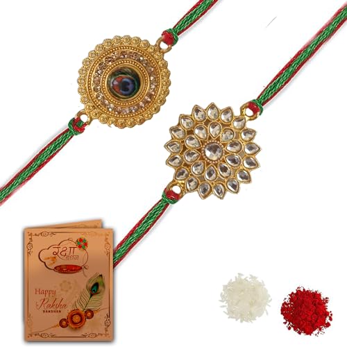 Image of Rakhi For Brother | Elegant Kundan Gold Plated Metal Rakhis For Brother Bhai Rakhi With Roli Chawal and Greeting Card (Set of 2 Rakhis)