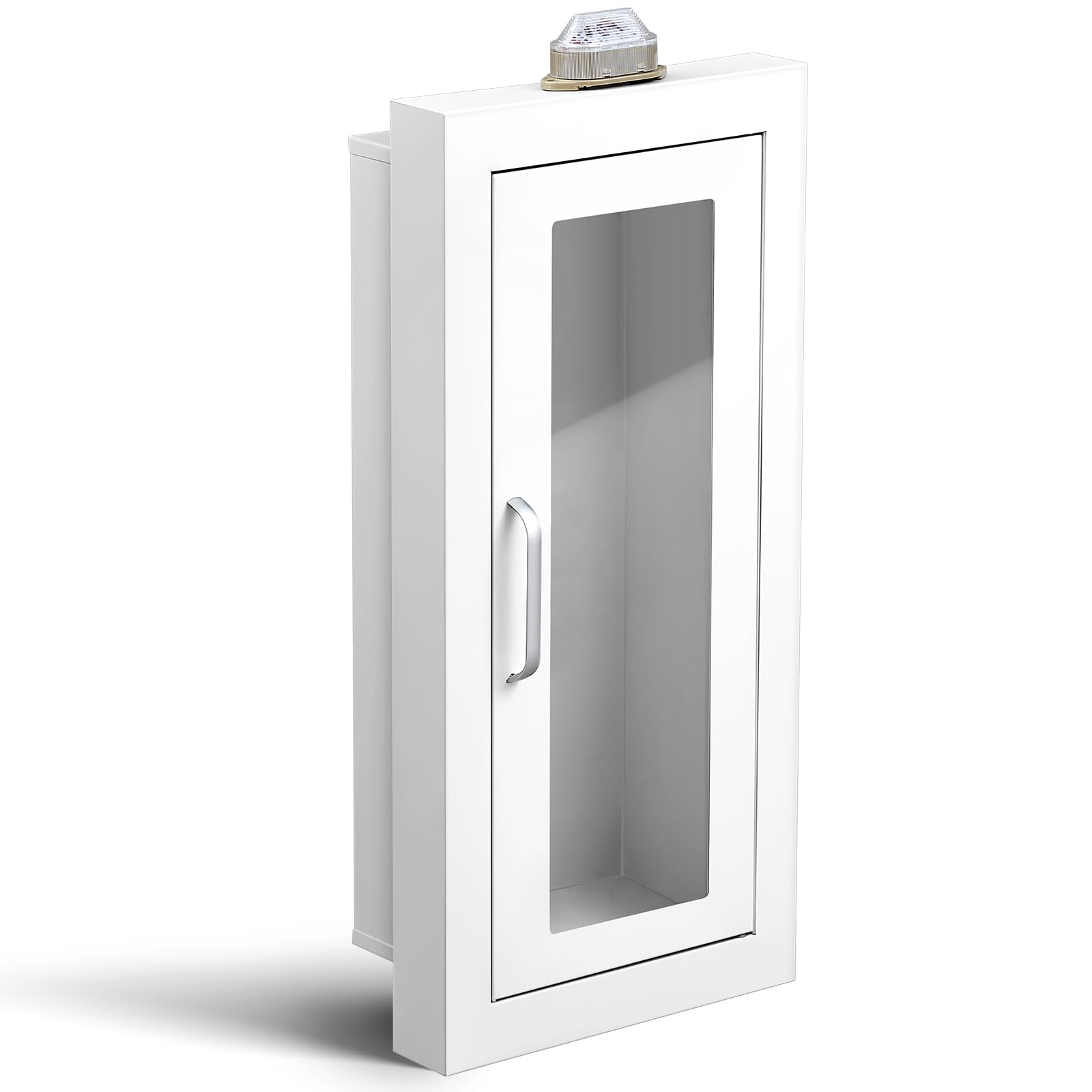 Zonon Extintor empotrado con alarma, caja de seguridad de acero blanco montada en la pared, puerta magnética y ventana transparente para extintor químico seco de 10 libras (borde ancho)