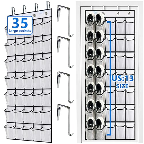 Zebricolo Over The Door Shoe Organizer,2024 Upgraded,Shoe Organizer,35 Huge Pockets,Over Door Shoe Organizer,Store Size 13 Shoes,Shoe Organizer,Strong Material,Hooks Suitable For Various Doors,White/Black cover