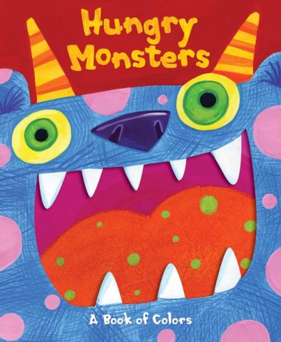 The front cover of the Hungry Monsters pop-up book, featuring a large blue monster with a wide-open mouth, yellow horns, and green eyes, against a red background.