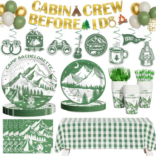 Camp Bachelorette Decorations 177pcs Camping Cabin Bachelorette Party Supplies with Green White Gold Balloons Tablecloths Hanging Swirls Plates Napkins Forks Straws Cups Service 24