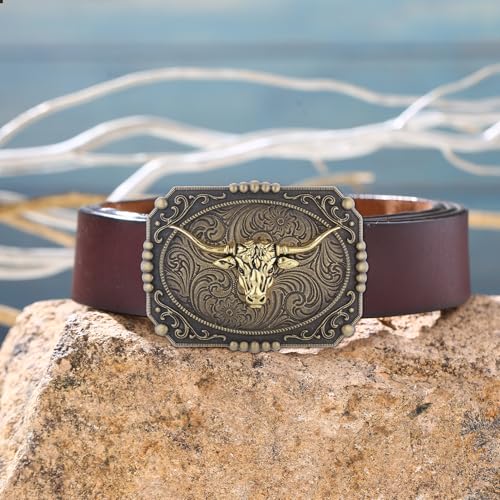 Image of Turquoise Belt Buckle for Men Western Texas Longhorn Bull Rodeo Belt Buckle American Cowboy Chic Gift