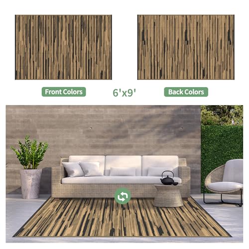 Image of GENIMO Outdoor Rug, Waterproof Plastic Rugs for Patio, 6'x9' Walnut Brown | Outside Larger Modern Carpet Mat for Porch Decor, Deck, Balcony, Camping, RV, Backyard, Picnic, Beach, Reversible, Foldable