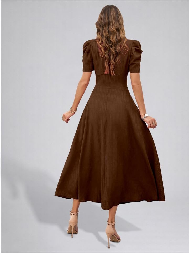 Image of Women's Solid Color V-Neck A-Line Maxi Stylish One Piece Long Midi Dress Party Outfit | Waist Cinched Puff Sleeve Elegant Casual Dresses for Women