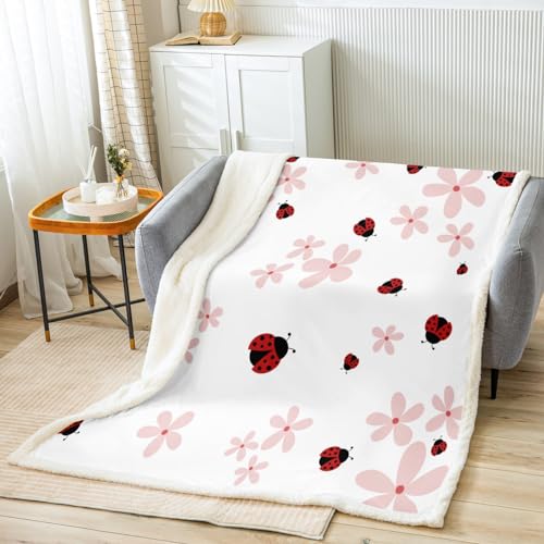 Cute Ladybug Blanket for Boys Girls Kids Super Soft Warm Red and Black Sherpa Fleece Blanket Pink Floral Throw Blankets Geometric Wave Point Bed Blanket Gifts for Teens Women(Queen 90
