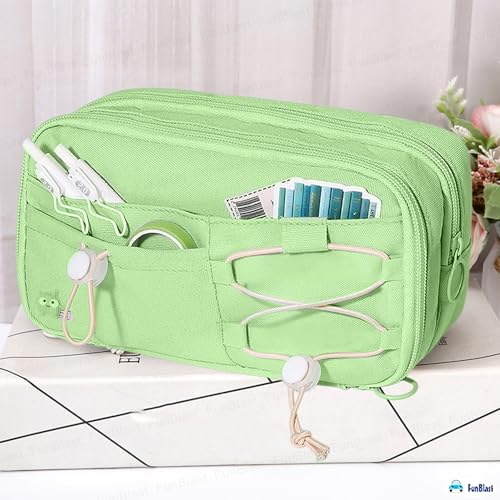 Image of FunBlast Pencil Pouch for Girls - Aesthetic Multi-Compartment Zipper Pouch with Drawstring Pocket, Cute Kawaii Pencil Case, Stylish Stationery Pouch, Return Gift for Kids & School Use (Green)