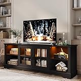 LINSY HOME TV Stand for 75 Inch TV, 68' Entertainment Center with LED Lights and Glass Door Storage Cabinet, Modern Farmhouse TV Media Console Table for Living Room, Black