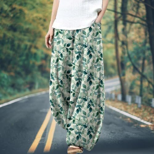 Harem Pants Women Floral Printed Wide Leg Casual Cotton Linen High Waist Summer Beach Trousers with Pockets - Image 2