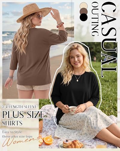 Image of Locoowai 3 Pack Women Plus Size Tops 3 /4 Sleeve Cotton Crew Neck Oversized T Shirts Loose Fit Tee Tunic Casual Blouse