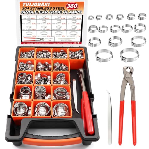 360PCS Single Ear Hose Clamp Kit, 16-Sizes 5.3-36.1mm 304 Stainless Steel Stepless Clamps with Pliers, for Automotive, PEX Pipe, Fuel Line, Home Appliance & Industrial Use