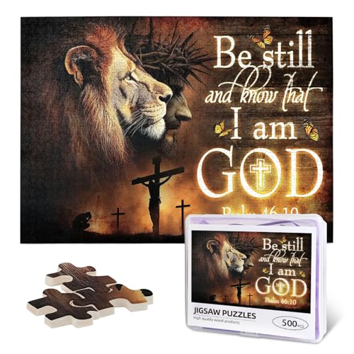 Christian Jigsaw Puzzles 500 Pieces for Adults, Be Still and Know That I Am God Bible Verse with Lion, Religious Wooden Puzzle for Stress Relief, Faith-Based Gift & Wall Decor