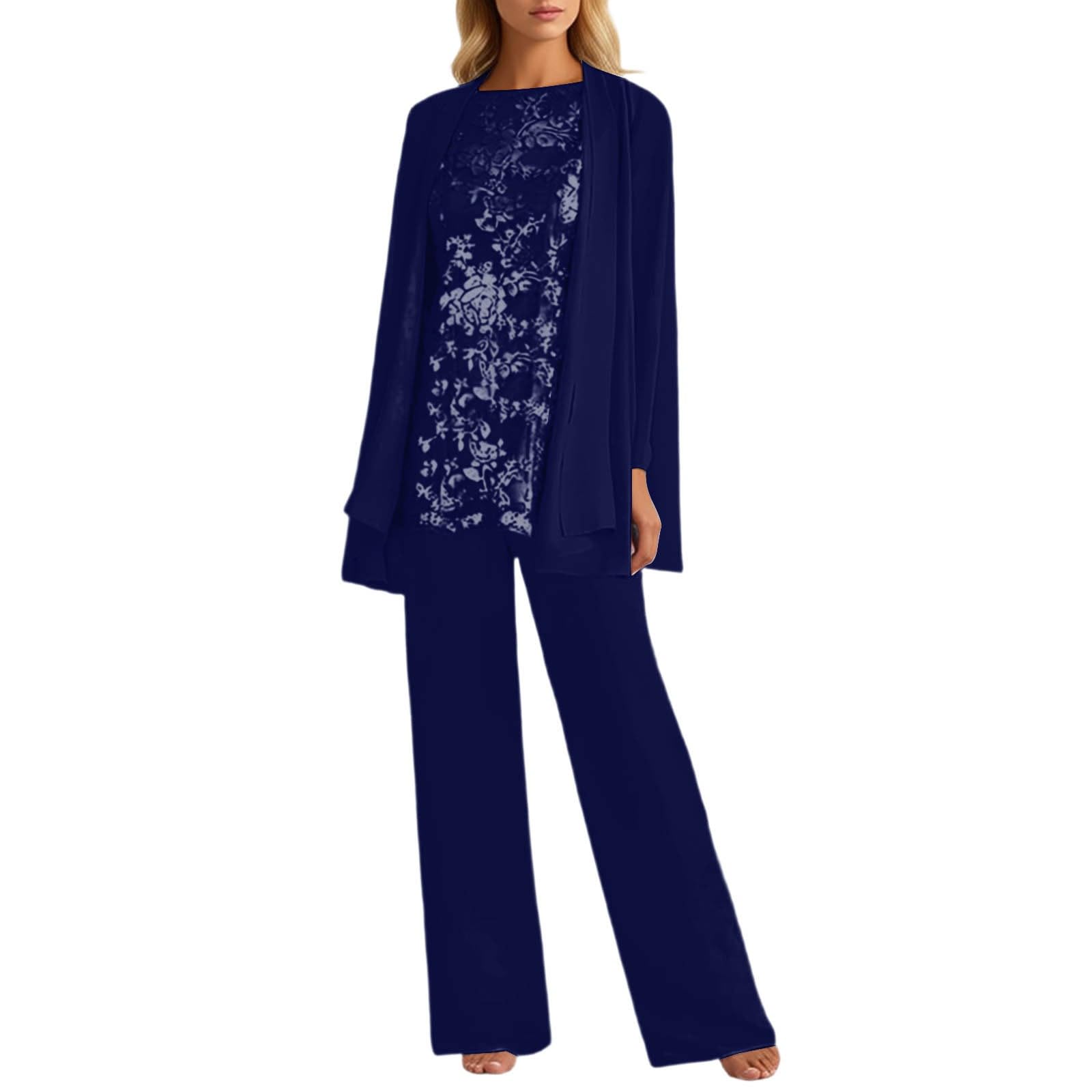 Tuta da donna a 3 pezzi, per il tempo libero, elegante, in pizzo, cardigan a maniche lunghe e pantaloni, in chiffon, per la madre della sposa, per matrimonio, cocktail, elegante abito da