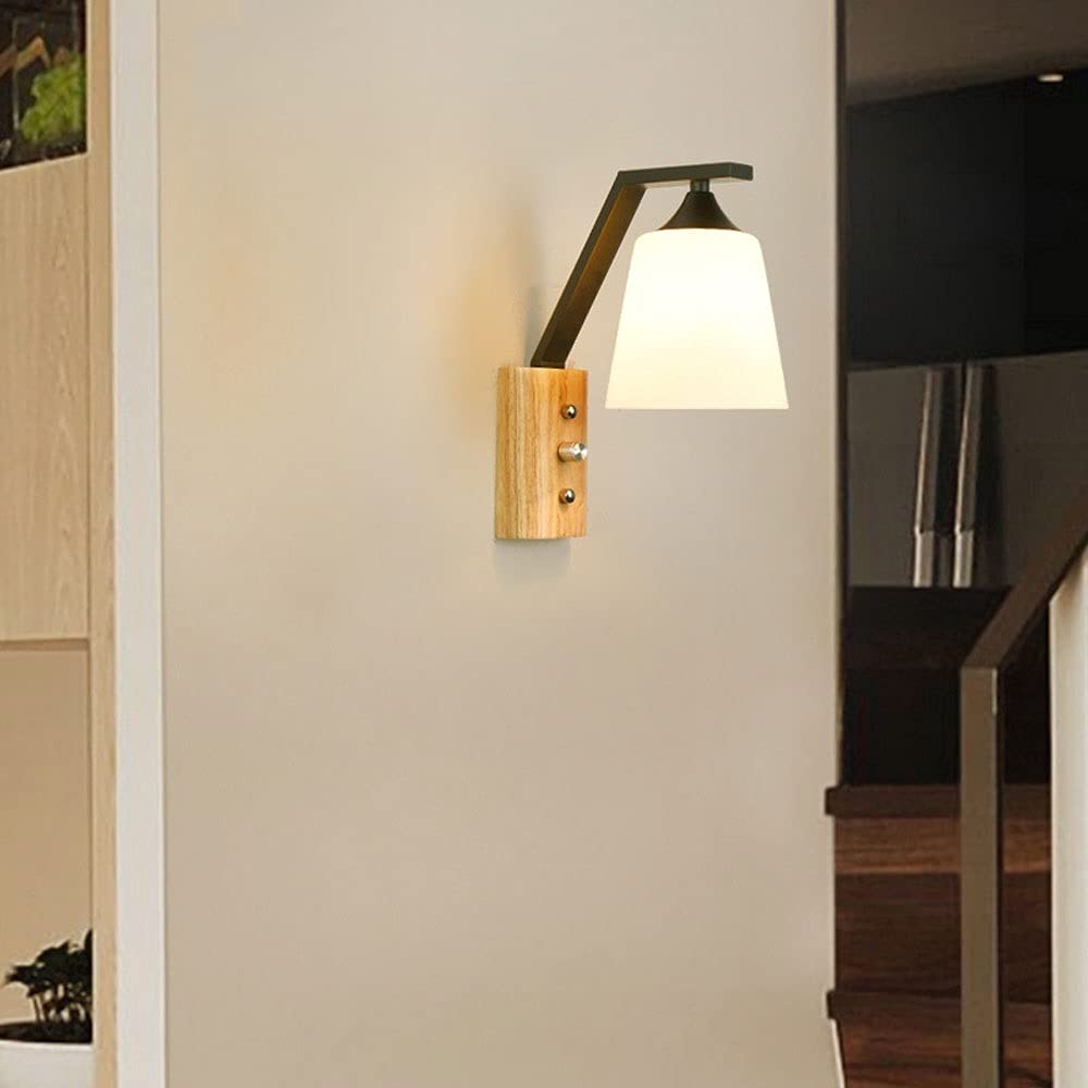 Drewniana i szklana lampa ścienna z czarnym metalowym geometrycznym abażurem, salon, restauracja, sypialnia, lampka nocna, czytanie, kinkiet ścienny, oświetlenie wewnętrzne E27, światło