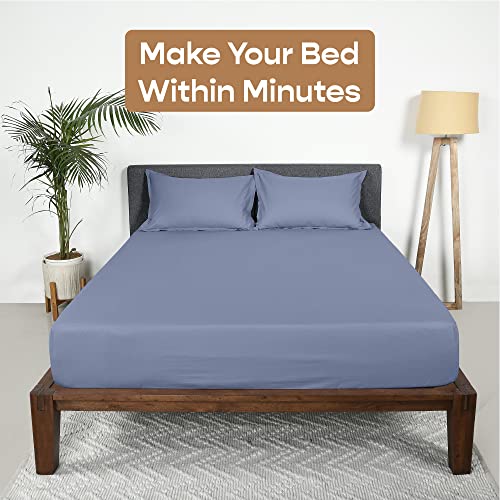 Image of SleepyCat Fitted Bedsheet Set 100% Cotton 200TC Percale Combed Yarn with a Durable Elastic and Corner Stitch Oeko-TEX & AZO Free with 2 Standard Size Pillow Cases (Queen Size 78x60) Twilight Blue