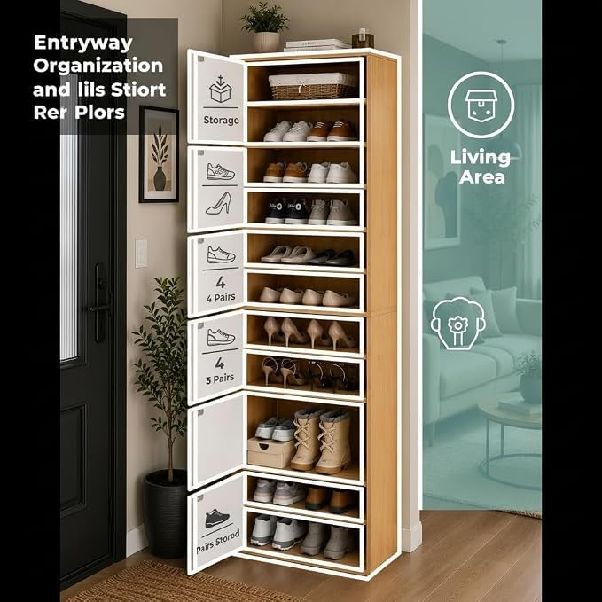 Image of Mevigo-Wooden Shoe Rack with 5-Door -Tall Shoe Cabinet with Doors, 9-Tier Freestanding Shoe Storage Organizer for Entryway, Engineered Wood Shoe Stand Cabinet, Space-Saving Narrow Shoe Rack Wooden