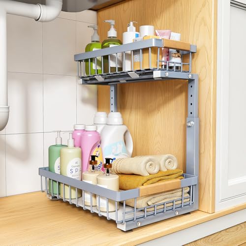 Image of PXRACK Under Sink Organizer, Adjustable Height, 2 Tier Pull Out Under Cabinet Organizer, Slide Out Thickened Metal Under Sink Storage for Kitchen Bathroom Laundry Pantry Cabinet, Grey, Large-1-Pack