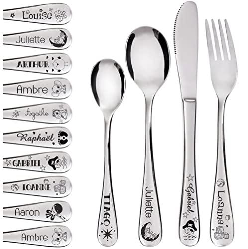 Couverts pour enfant avec prénom gravé en FRANCE - 4 couverts personnalisés - Personnalisable avec ou sans dessin - Acier inoxydable - Cadeau Noël bébé, Baptême, cadeau de Naissance fille ou garçon