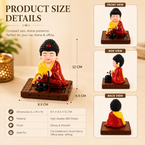 Image of ZAICUS Solar-Powered Moving Head Buddha Monk Statue - Feng Shui Good Fortune Ornament for Car Dashboard, Home and Office